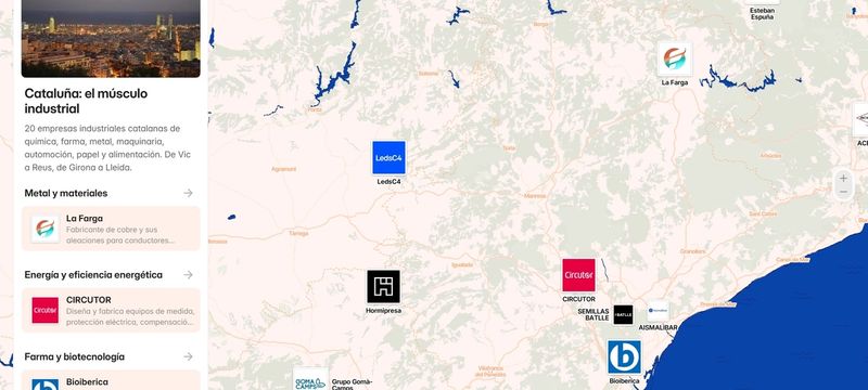 Captura del mapa del tejido industrial de Cataluña, con el listado de empresas a la izquierda