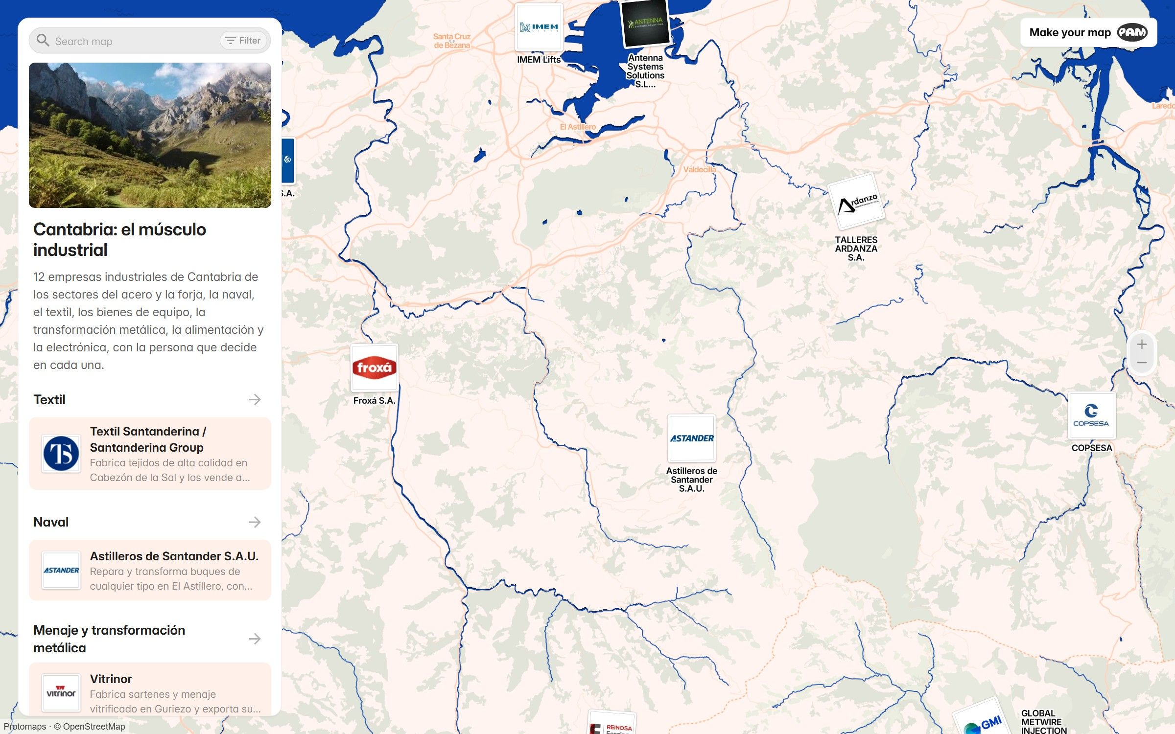 Captura del mapa del tejido industrial de Cantabria, con el listado de empresas a la izquierda