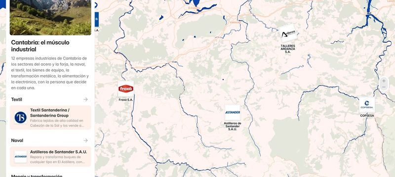 Captura del mapa del tejido industrial de Cantabria, con el listado de empresas a la izquierda