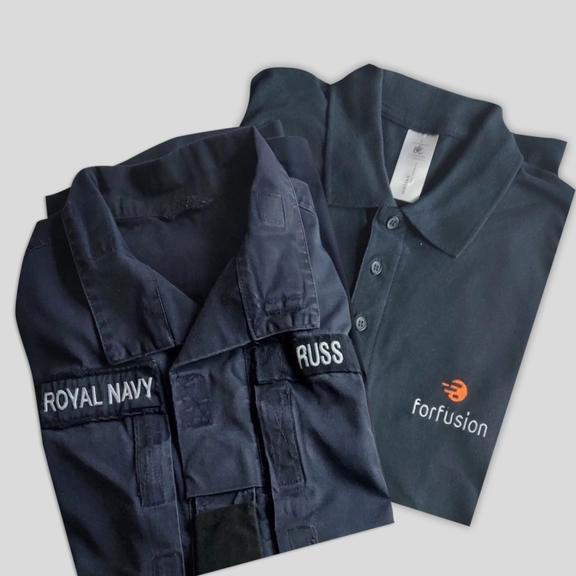 Navy fatigues and Forfusion engineer's polo shirt