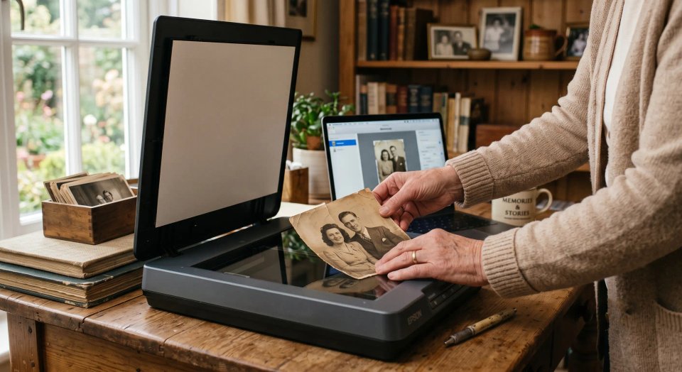 A person's hands carefully scanning an old faded photograph on a flatbed scanner, warm home office setting, soft natural window light, shallow depth of field, cozy and nostalgic mood