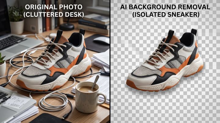 Side-by-side comparison showing a product photo before and after AI background removal