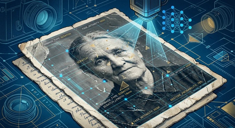 Close-up illustration of a neural network analyzing a damaged black-and-white portrait photo,