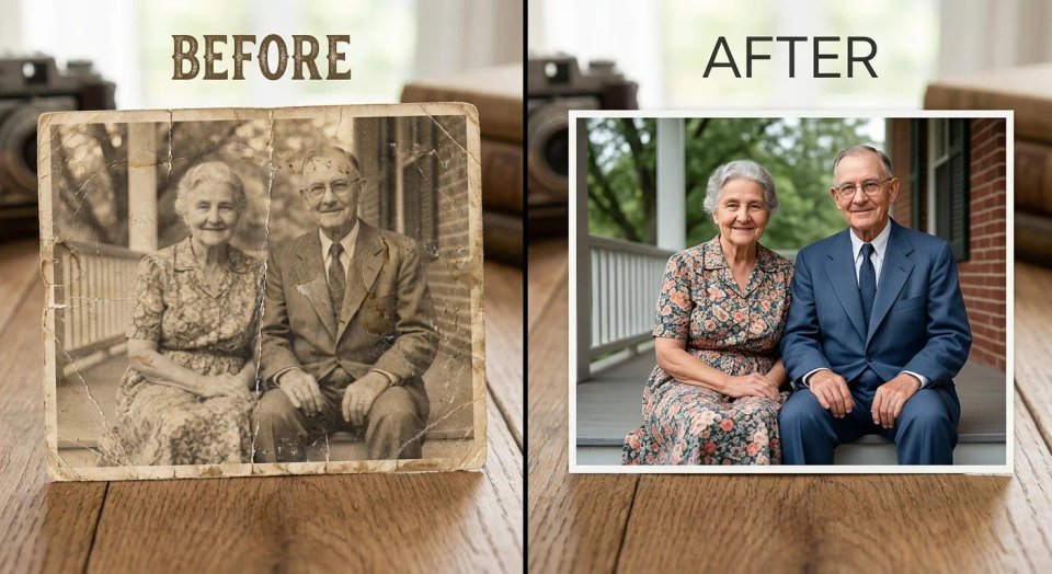 Before and after comparison of an old scratched sepia photograph of an elderly couple