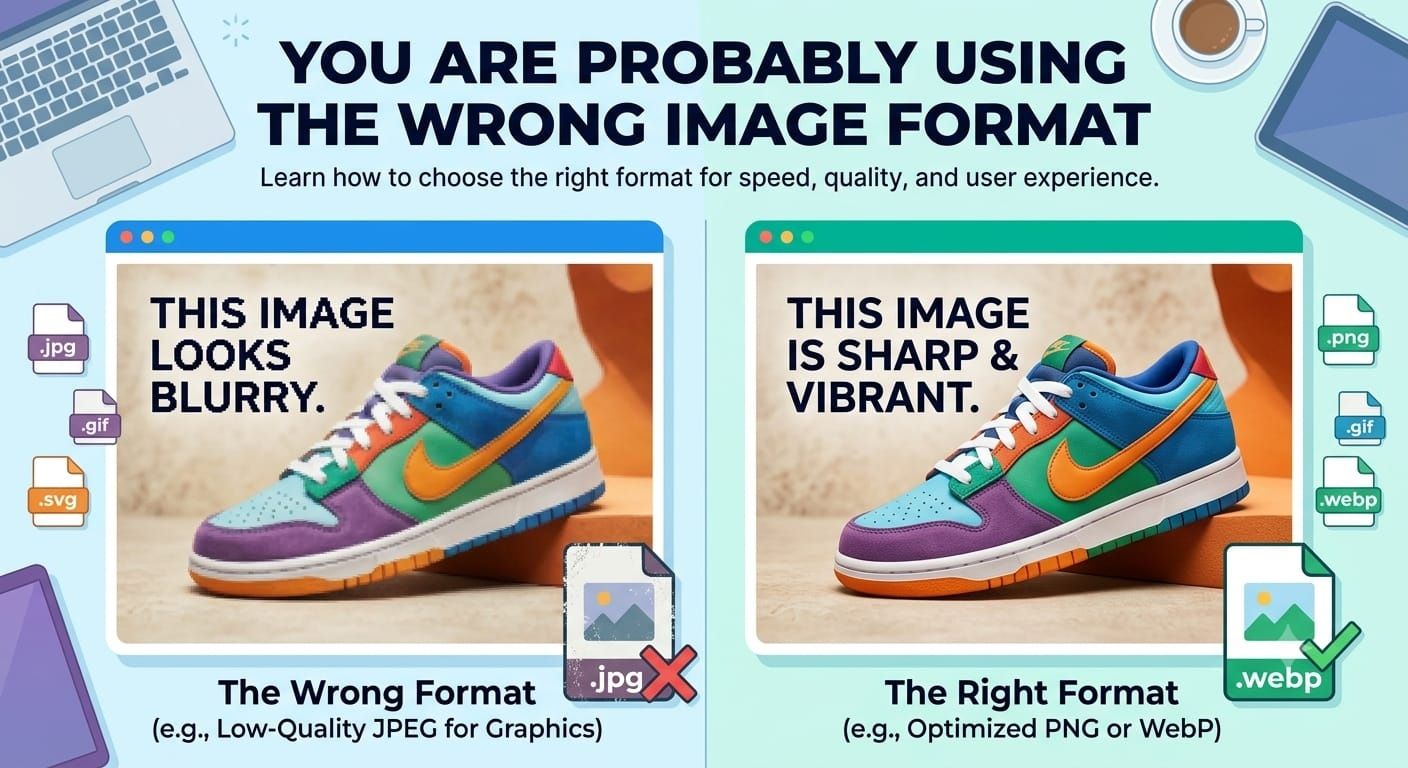 Comparison of different image formats including JPEG, PNG, WebP, and AVIF for website optimization