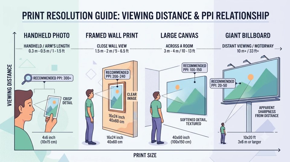 A person is standing and viewing images from different distances