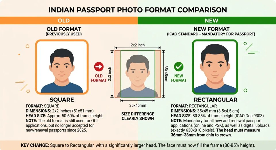 clean infographic comparing an old square Indian passport photo format (2x2 inch) side by side with the new rectangular 35x45mm format