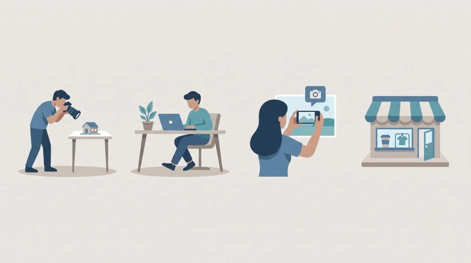 A modern flat vector illustration showing four small stylized scenes arranged in a row