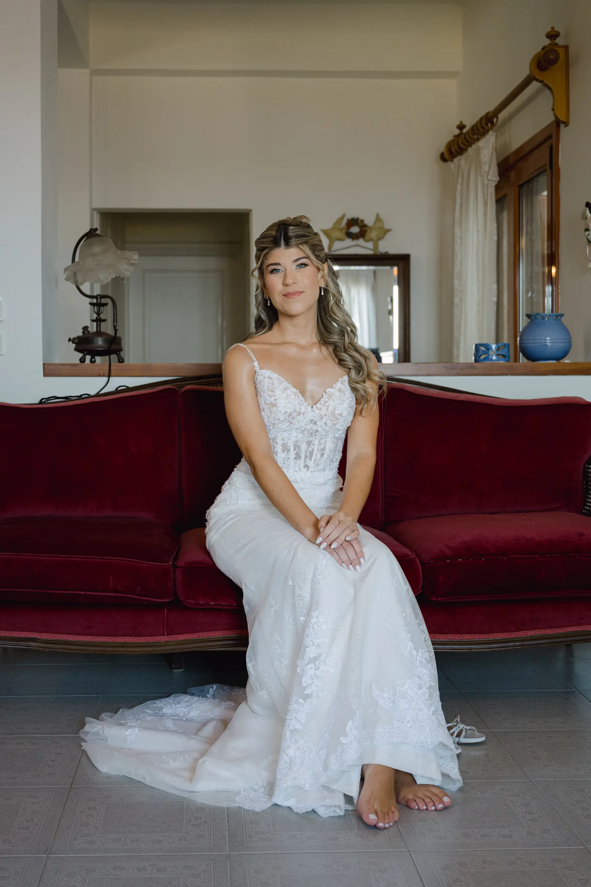 Elegant bridal portrait during wedding preparations in Athens.