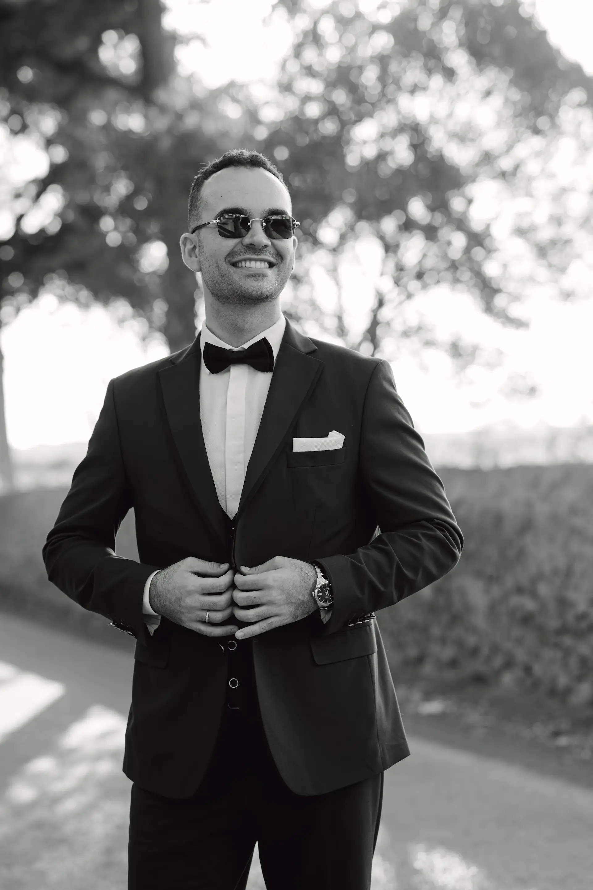 elegant and stylish portrait of the groom in black and white