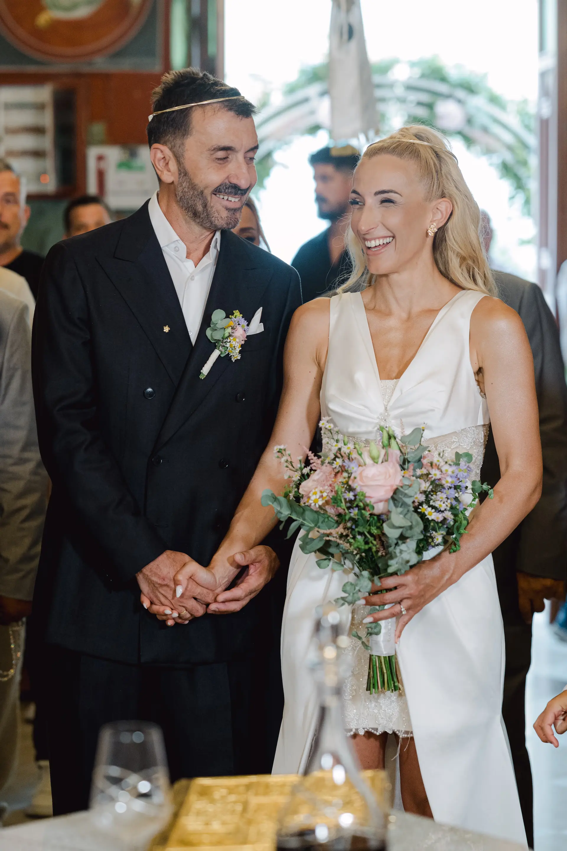 Intimate moment of the bride and groom during their wedding ceremony