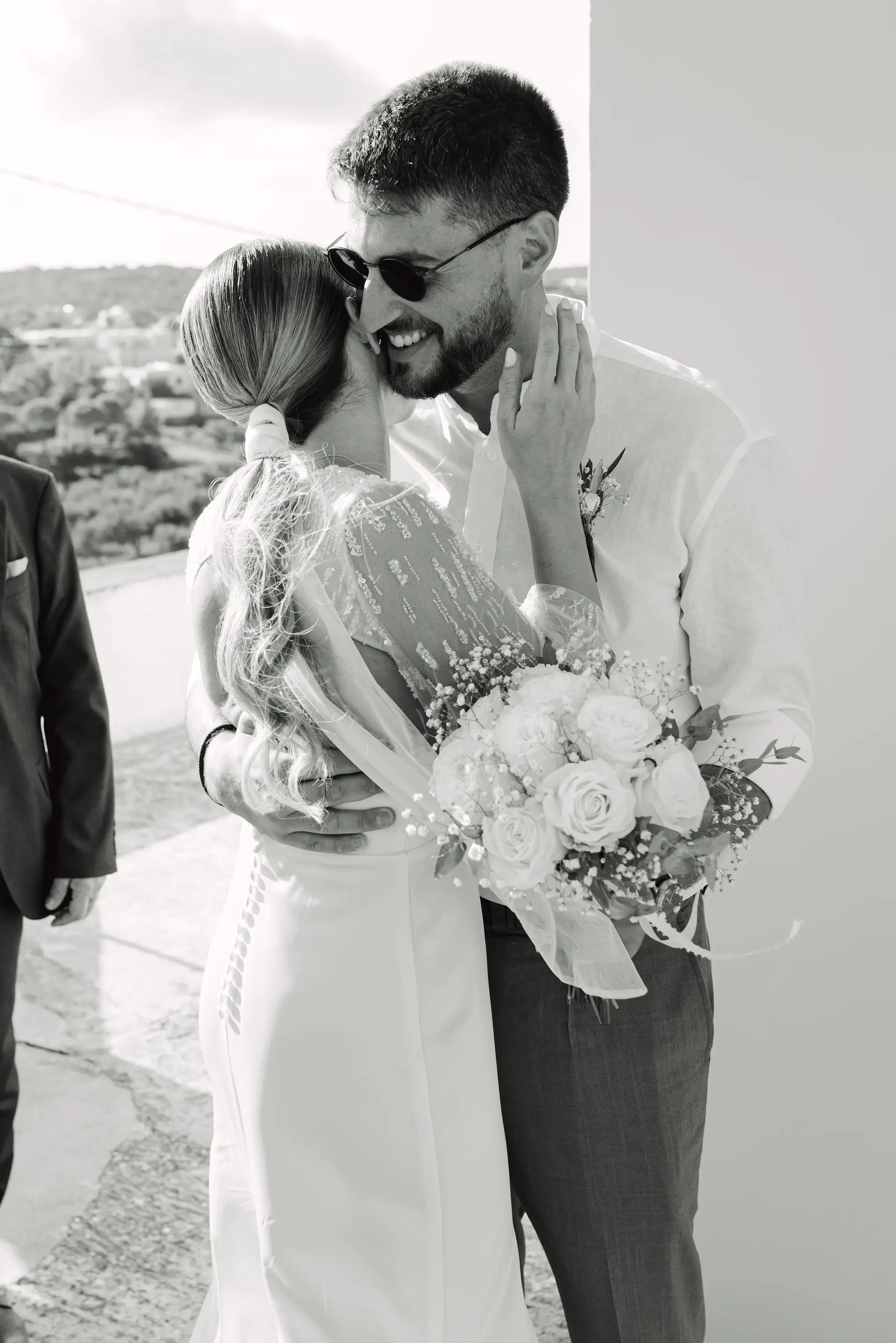 Emotional bride entrance and hug with the groom at a traditional church in Kythira.