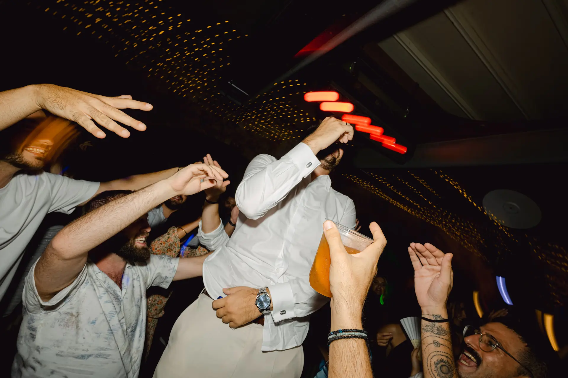 wedding party moments, dancing, lights, drinks