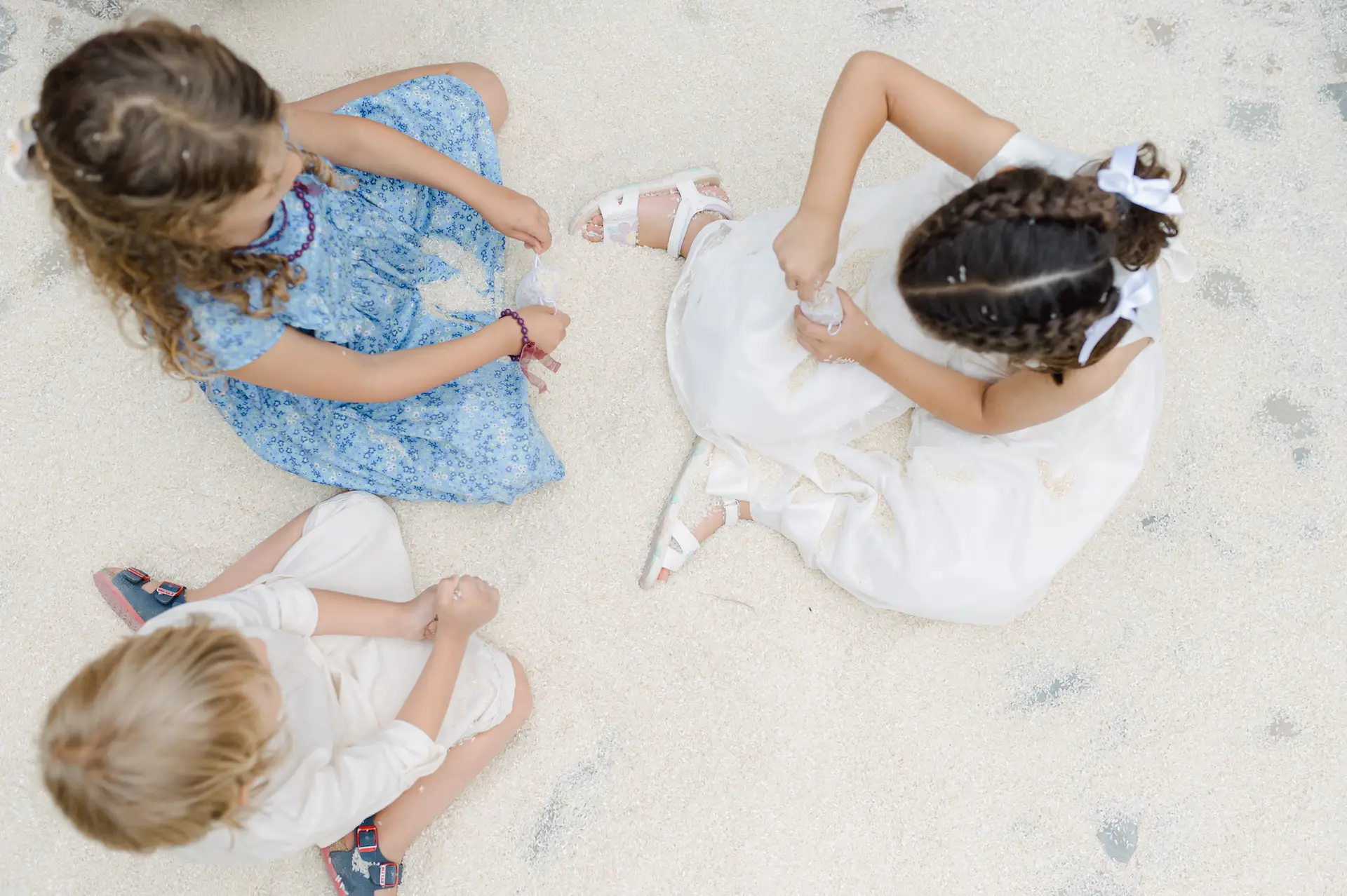 a group of children picking on rice