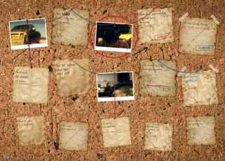An investigation wall on the corkboard: handwritten notes and pinned photos tied together with coloured string, with stamps and pen marks on top