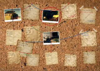 A note being moved across the board: the stamp on it, the ink underline and the wire attached to it all follow