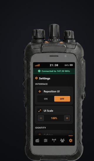 Handset settings: move and resize the interface, and the callsign the radio identifies with