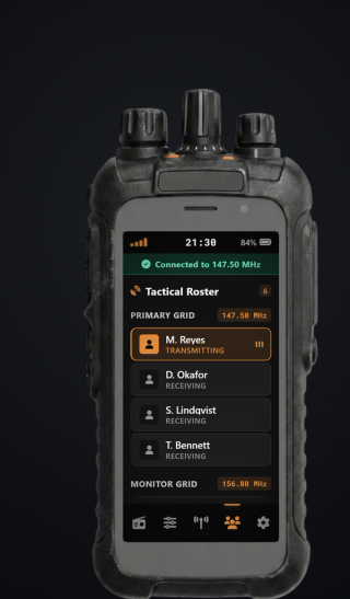 The roster of who is on the channel, with the person transmitting marked live, and the monitored channel listed below