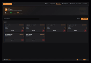 Shops overview with article and location counts per shop, all editable in game