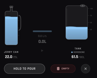 Aircraft run on kerosene: a 180 litre plane tank being filled from a can of aviation fuel, in its own colour