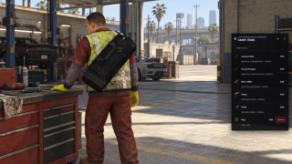 Current carry catalog with item thumbnails, CONFIG and LIVE source labels, and edit/delete actions. Native browser UI over an illustrative GTA workshop scene.