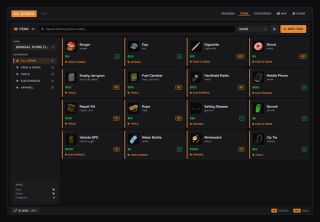 Item manager: the goods on sale per shop with price, stock and category, filtered from the sidebar