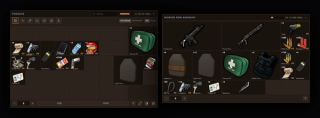 A shared stash open next to the player's pockets, with weight tracked on both sides