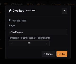 Give a vehicle key — Alex Morgan selected with a thirty-minute duration, ready for the native admin action