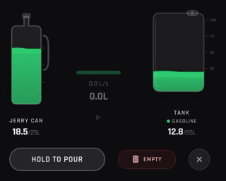 Refuelling a car from a jerry can: both containers show their real litres, the tank is graduated, and the fuel type of the vehicle is named