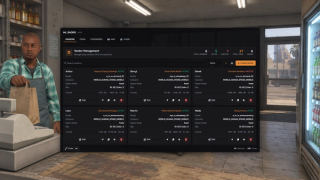 Vendor management with NPC models, shop assignments, positions and active status.