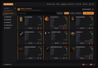 Admin panel, Recipes tab: categories on the left and a grid of recipe cards showing craft time, XP, ingredient and result counts, required level, skill and blueprint