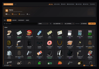 Admin panel item catalogue: every stock and custom item with its icon, grid size and rarity, filterable by rarity and category