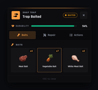The same panel on a snap trap, baited with vegetables and still near full condition