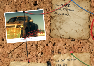 Photos pinned to the cork with a handwritten caption under each picture