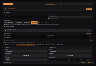Bench type editor: queue limit modes, job and gang access rules with ranks, and the recipe categories the station can craft