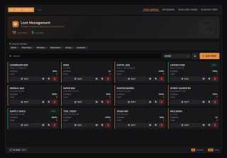 Admin panel, Loot Management: every world prop that can be searched, with its cooldown, loot count and category