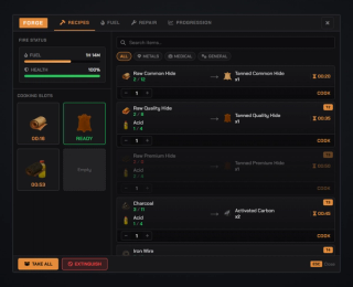 The forge panel: fuel and condition on the left, crafting slots with their timers, and the recipe list with ingredients, results, tier and cook time