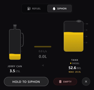 Siphoning a parked diesel truck: the panel switches between refuel and siphon and caps how much can be pulled out in one go
