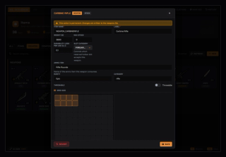 Weapon editor: durability loss per use, ammo item, hotbar slot category, grid size and an attachment compatibility scan