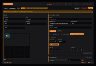 Item editor: name, label, rarity, category, weight, grid size, use animation, carried prop and status effects