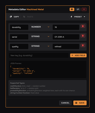 Metadata editor: durability, serial and quality written onto the item the player receives