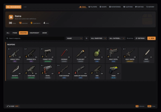 Weapon catalogue with grid size, rarity tier and the number of compatible attachments per weapon
