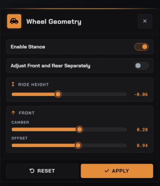Wheel geometry: ride height, camber and offset, front and rear together or separately, with reset and apply