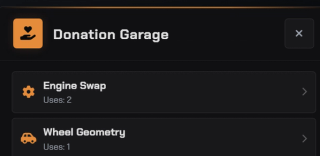 The optional use-pack garage, where credits are spent on an engine swap or on wheel geometry