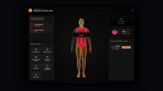 The medic view of a patient: blood volume and blood group, pulse hidden until it is checked, and the analysis of the selected zone