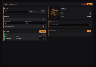 Item editor: stock and restock rules, one or more costs in money or bartered items, allowed jobs and job-based discounts