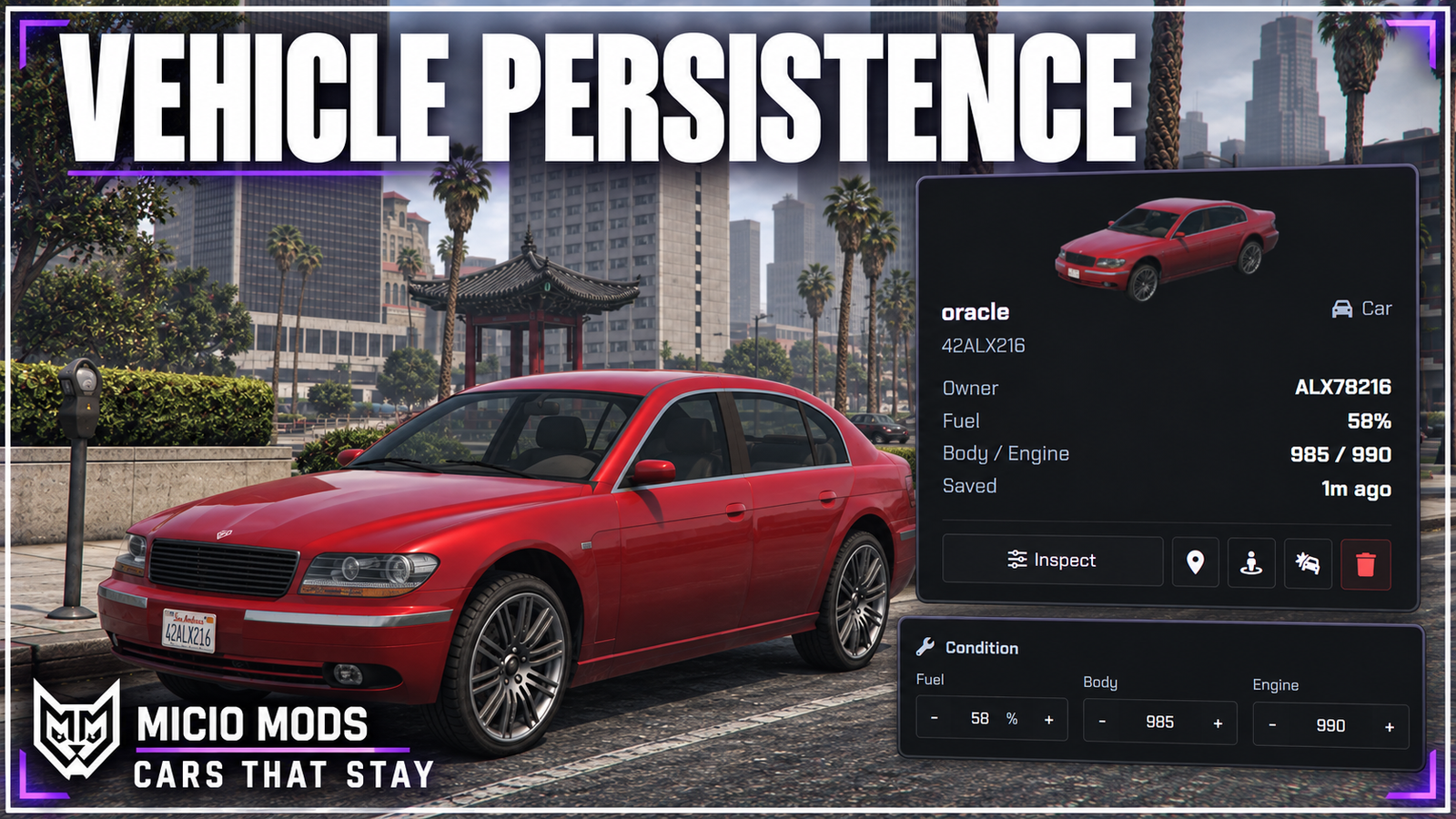 Vehicle Persistence — Cars That Stay, with the current fleet card and vehicle condition controls