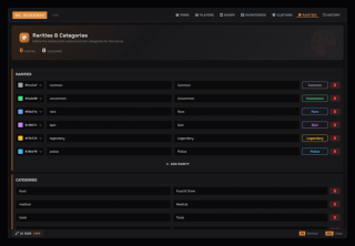 Rarity tiers with their colours and the item categories, both defined per server from the panel