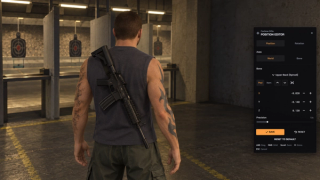 Carbine Rifle personal position editor: upper-back bone, world or bone axes, precision and current X/Y/Z offsets. Native browser UI over an illustrative GTA range scene.