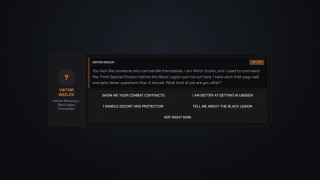 In-game NPC dialogue with branching options and XP-gated contracts